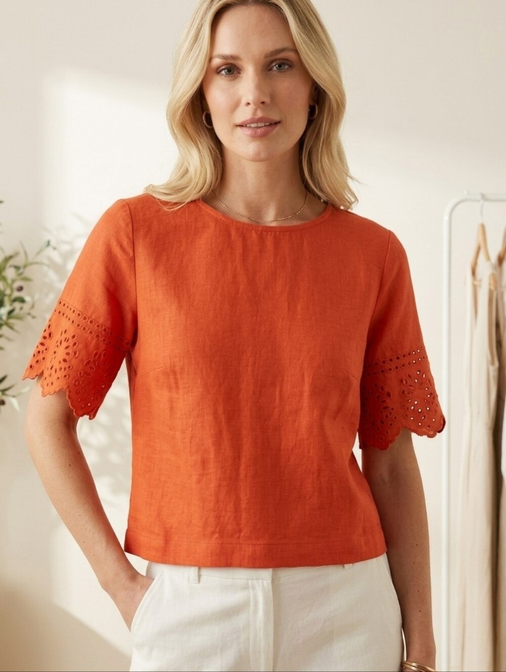 J. CREW Bright Orange Round Neck Laser Cut Flutter Sleeve Blouse Size S LIKE NEW